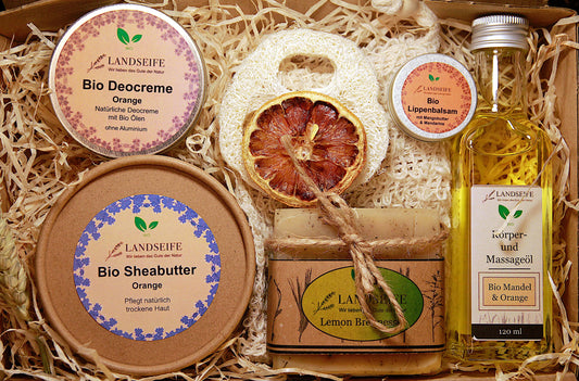 Naturseifen Set für Orangenliebhaber 7-teilig  - 5 x Bio Naturkosmetik + Seifensäckchen & Luffascheibe